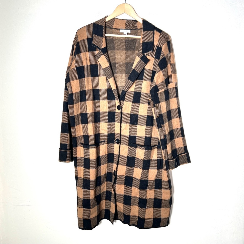 Nine West Black and Tan Knit checkered sweater coat jacket size XXL B144